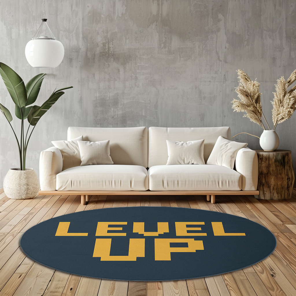 Round rug with yellow pixel-style “LEVEL UP” text on a dark charcoal background, in a clean modern space with bold, minimalist styling.