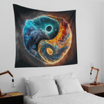 A yin-yang tapestry design with one half featuring a swirling galaxy of stars and space in blue tones, and the other half filled with fiery clouds and glowing orange textures, representing balance between cosmic and elemental forces.