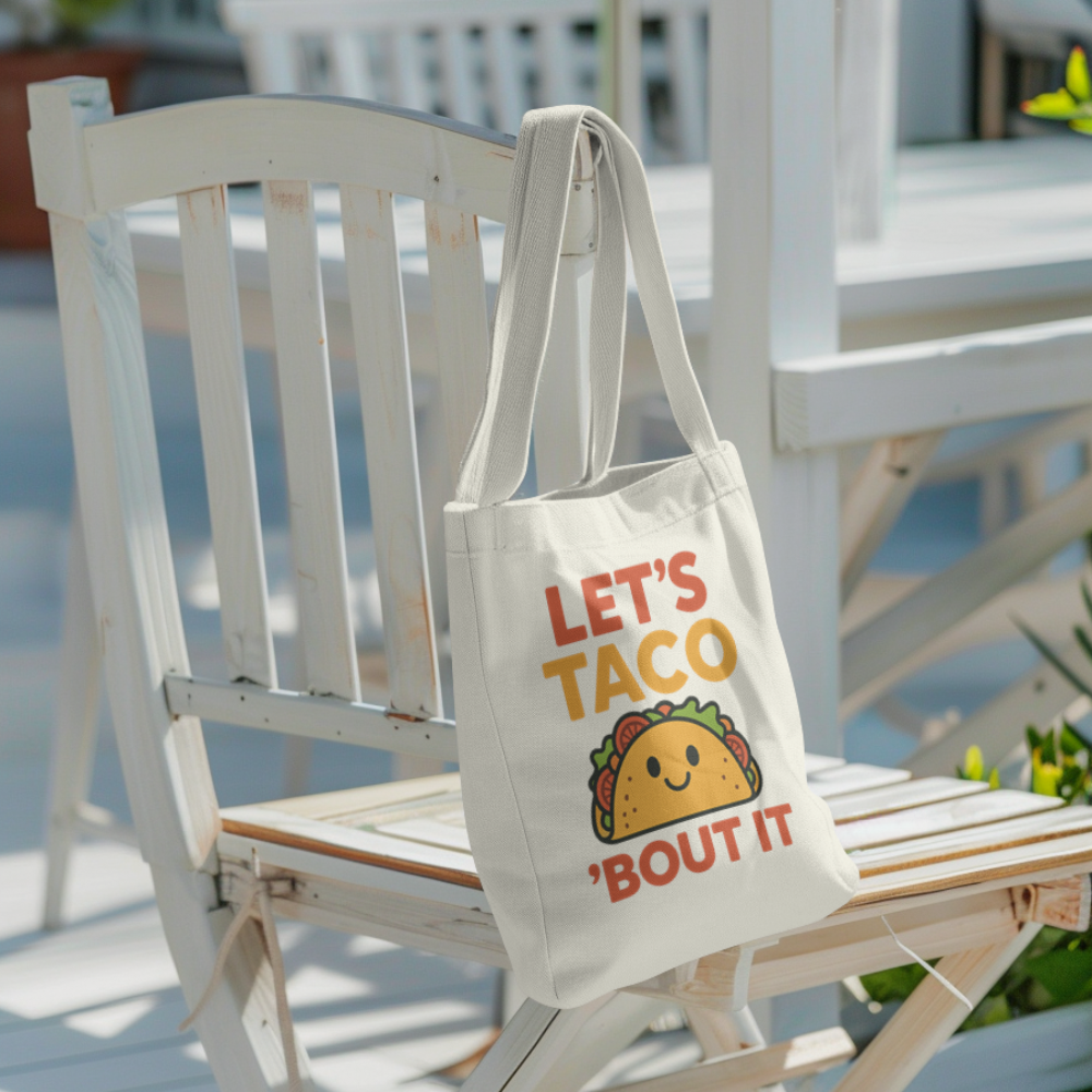 Tote bag with colourful quote “Let’s Taco ’Bout It” and cute smiling taco graphic