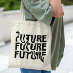 Tote bag with warped black text repeating “FUTURE FUTURE FUTURE” – modern cotton canvas bag held on shoulder, minimalist design
