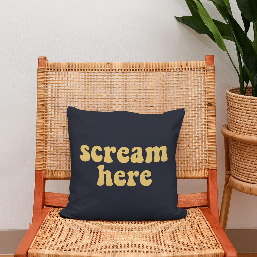 Scream Here Funny Retro Cushion navy and yellow