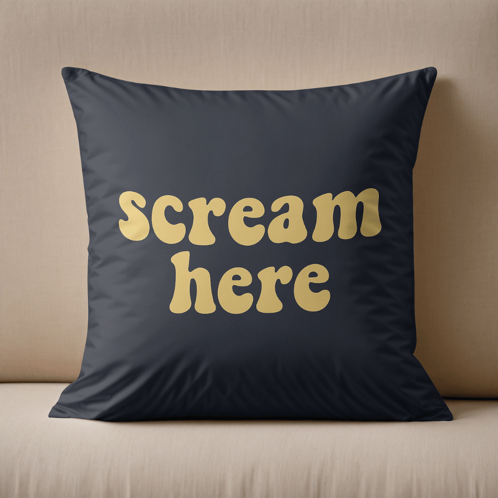 Scream Here Funny Retro Cushion navy and yellow