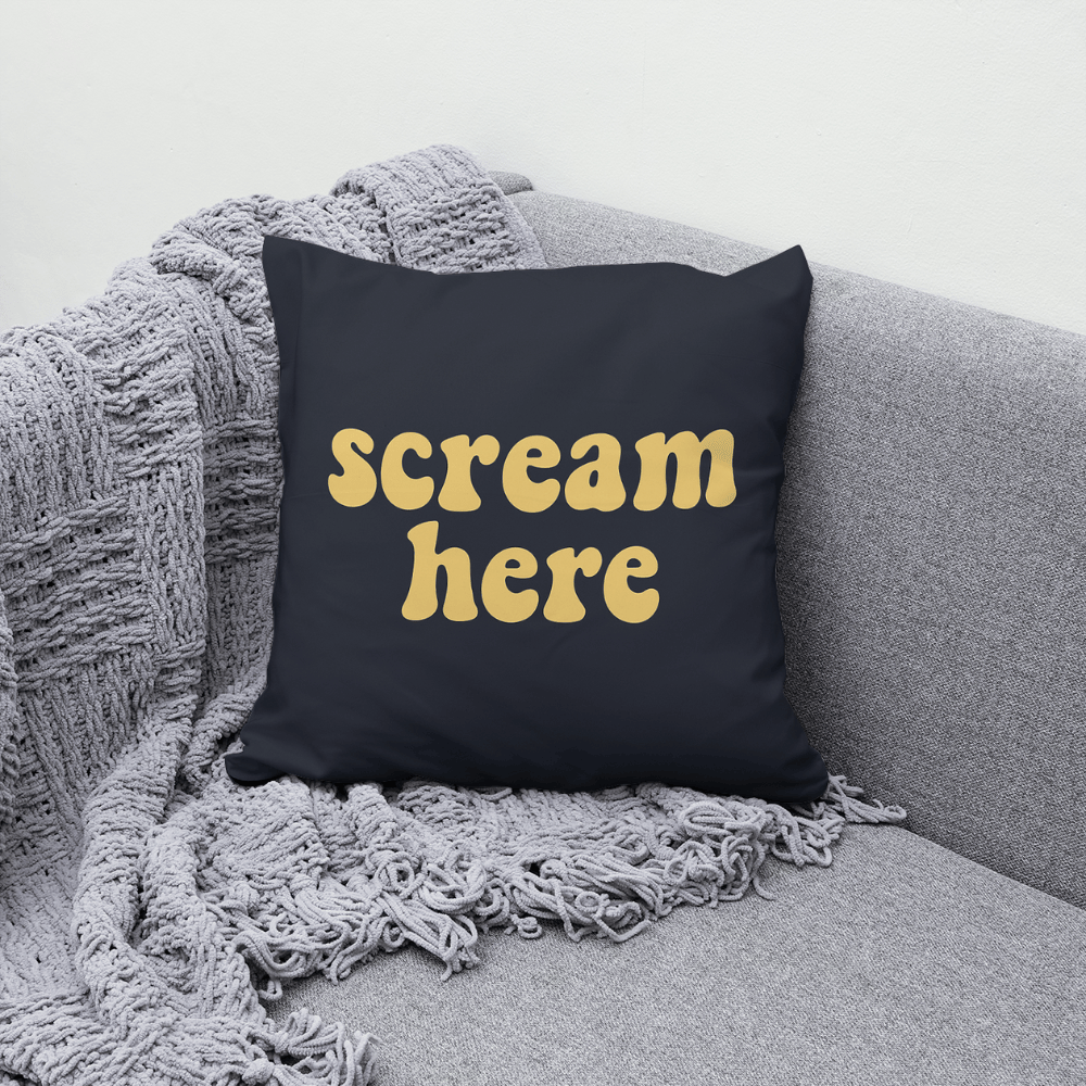 Scream Here Funny Retro Cushion navy and yellow