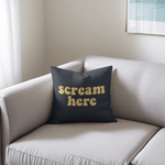 Scream Here Funny Retro Cushion navy and yellow