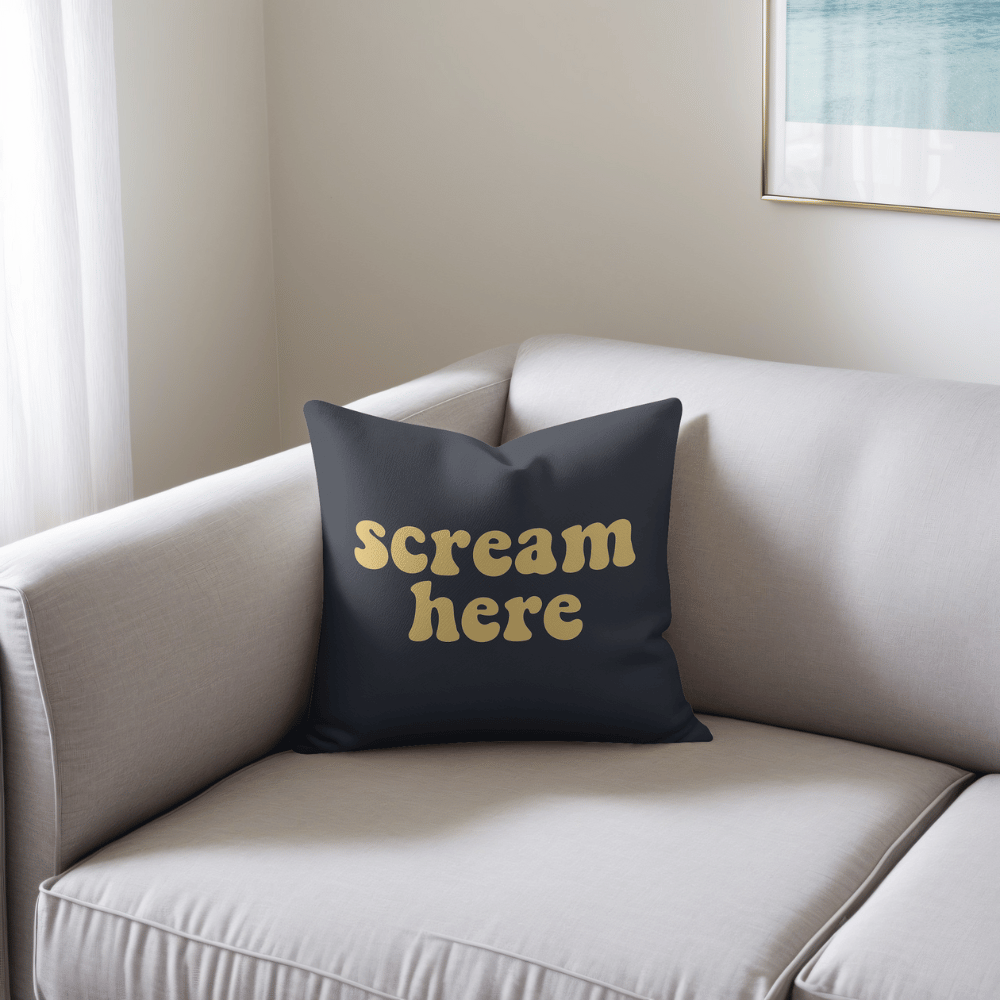 Scream Here Funny Retro Cushion navy and yellow