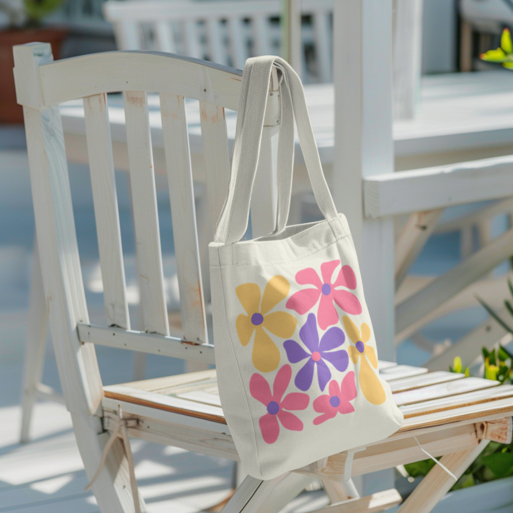 Tote bag with large colorful pink, yellow, and purple retro flowers – cotton canvas bag held by hand outdoors, groovy vintage style