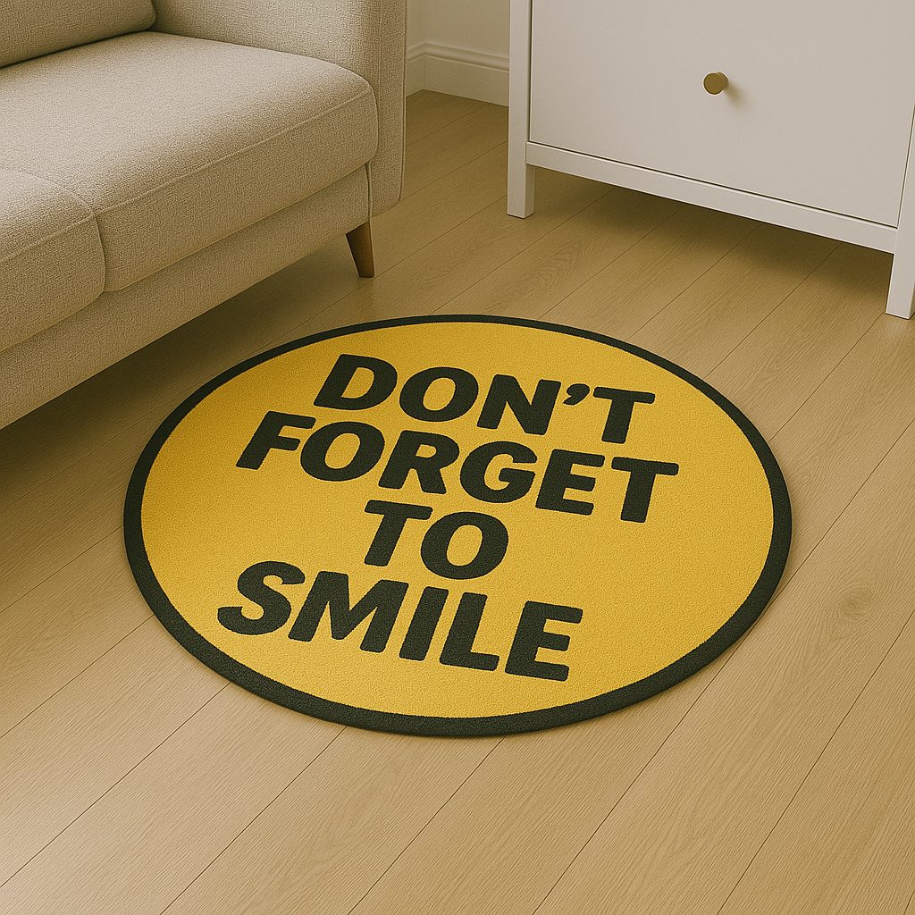 Round yellow rug with motivational quote ‘Don’t Forget to Smile’ in bold black letters, placed on a light wooden floor.