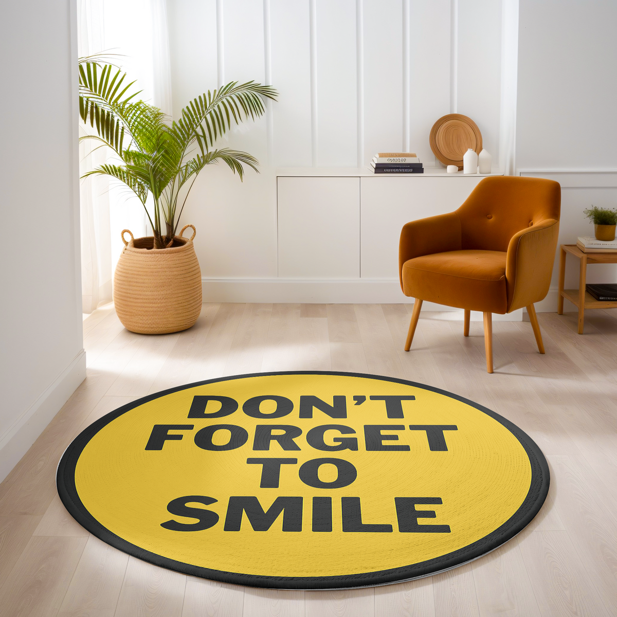 Round yellow rug with motivational quote ‘Don’t Forget to Smile’ in bold black letters, placed on a light wooden floor.