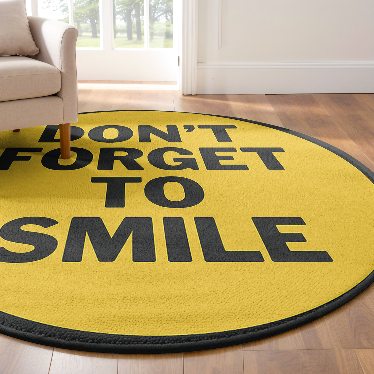 Round yellow rug with motivational quote ‘Don’t Forget to Smile’ in bold black letters, placed on a light wooden floor.