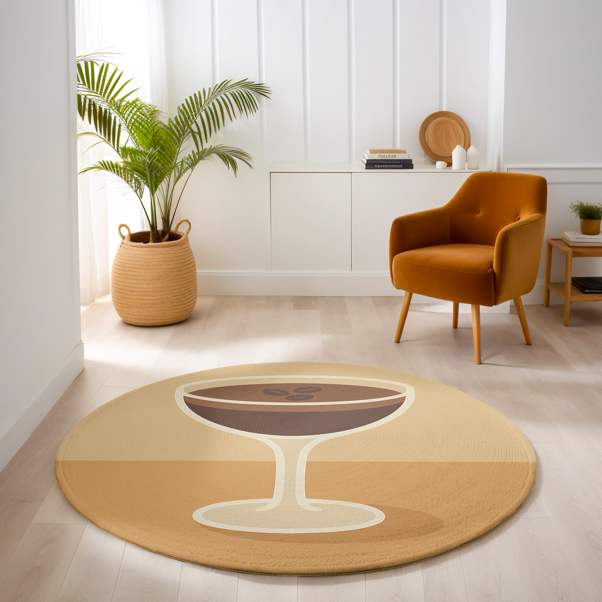 Round rug with a stylized espresso martini glass design in warm beige and brown tones on a carpeted floor.