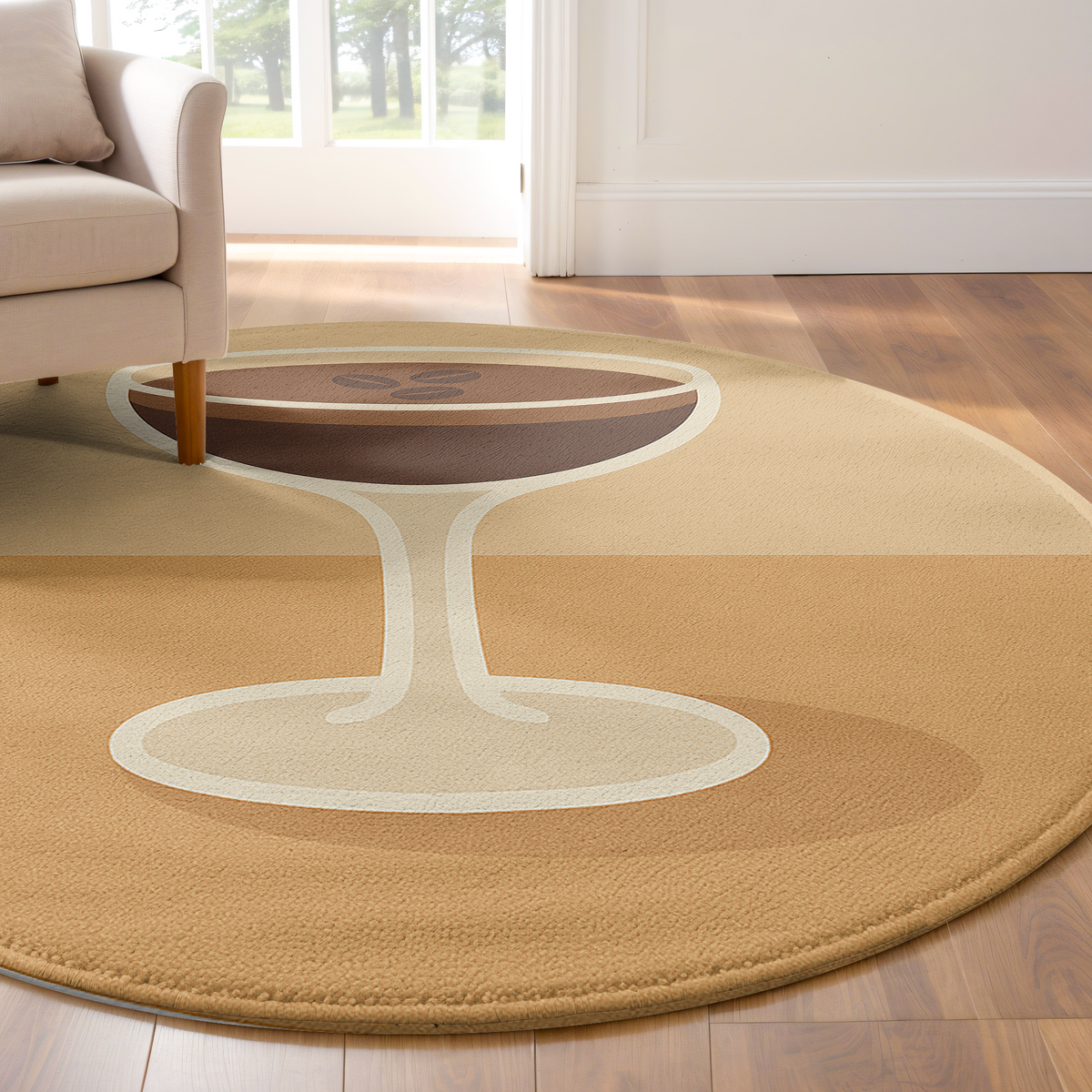 Round rug with a stylized espresso martini glass design in warm beige and brown tones on a carpeted floor.