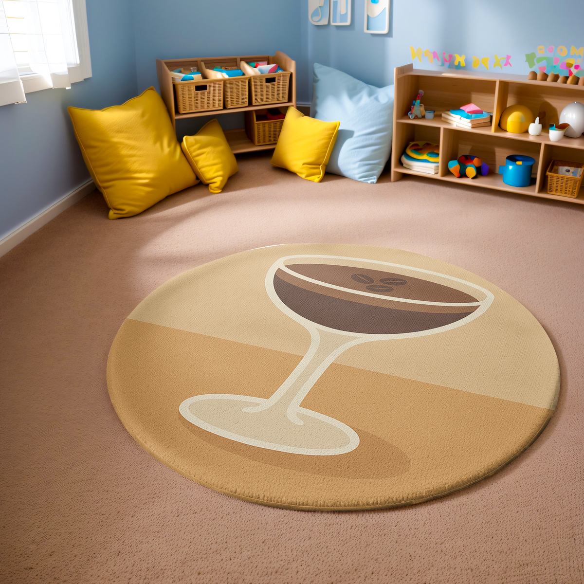 Round rug with a stylized espresso martini glass design in warm beige and brown tones on a carpeted floor.