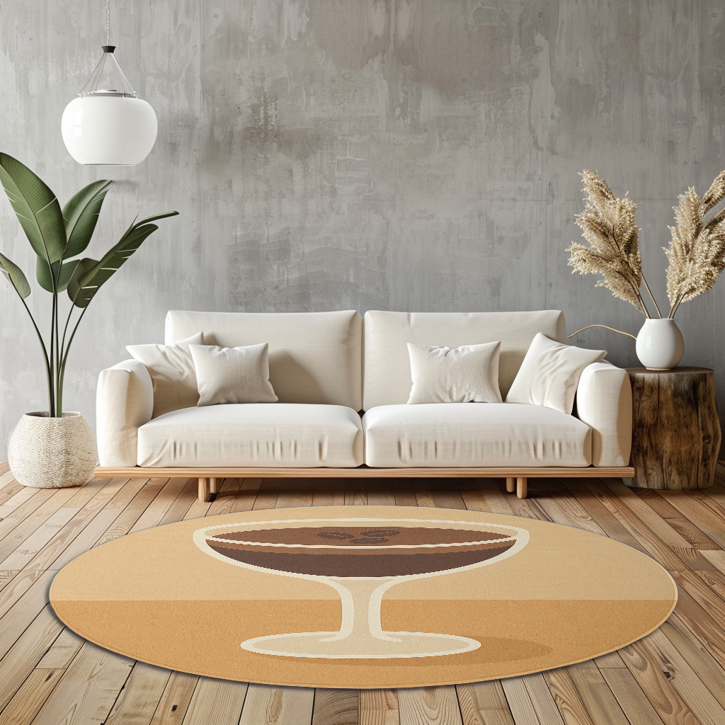 Round rug with a stylized espresso martini glass design in warm beige and brown tones on a carpeted floor.