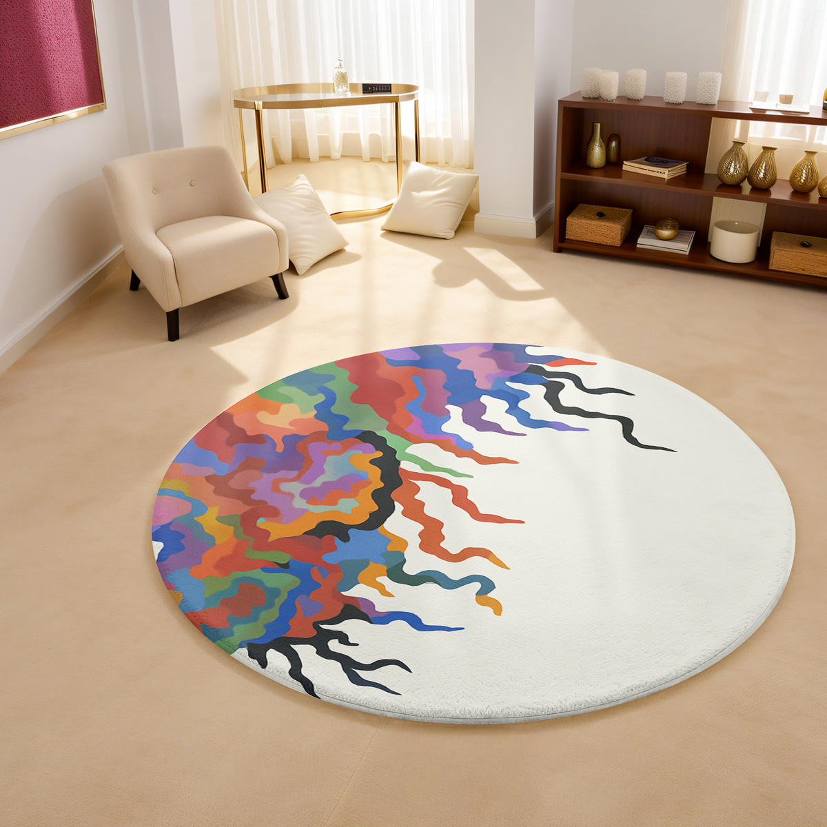 Round rug with flowing abstract multicolor design in red, purple, orange, teal, and black on a clean off-white background in a modern room.