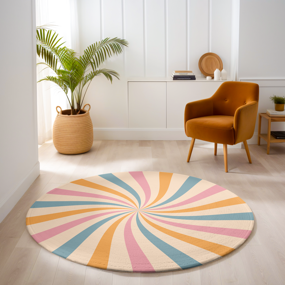 Round rug with pastel swirl design in blush pink, soft blue, golden yellow and ivory, styled in a clean, modern interior.
