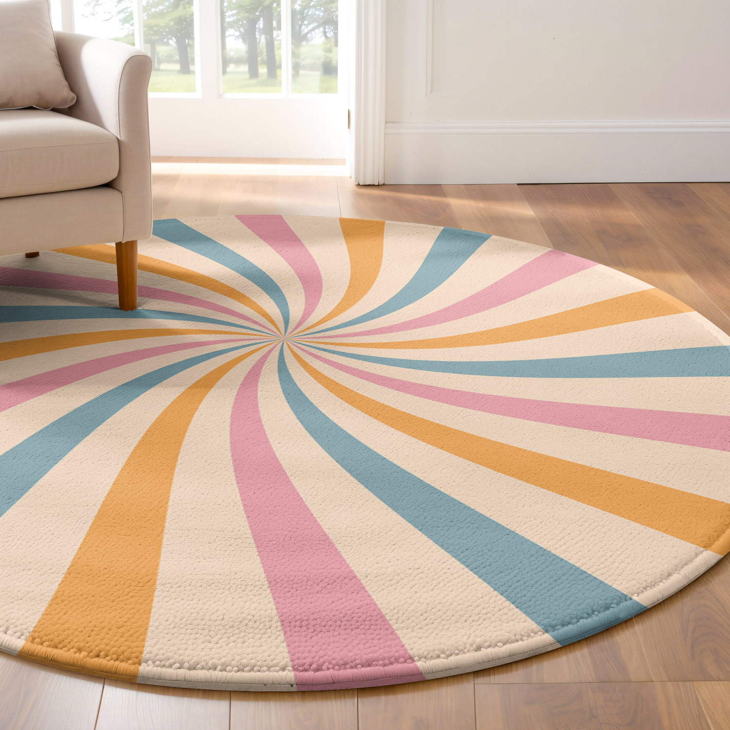 Round rug with pastel swirl design in blush pink, soft blue, golden yellow and ivory, styled in a clean, modern interior.