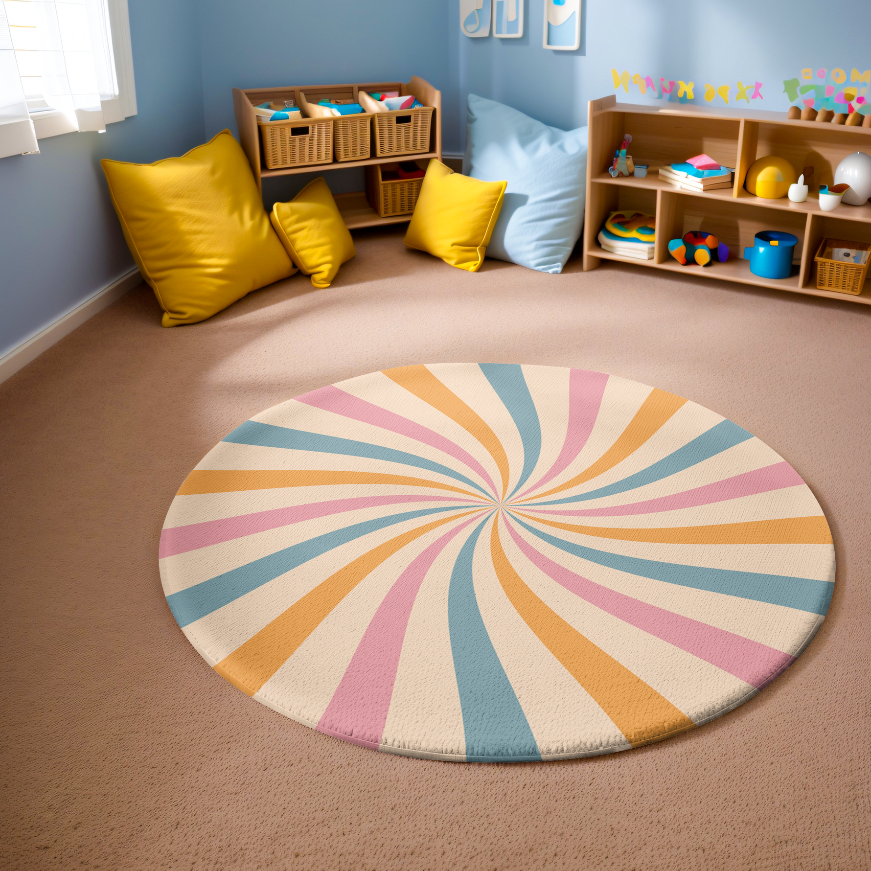 Round rug with pastel swirl design in blush pink, soft blue, golden yellow and ivory, styled in a clean, modern interior.