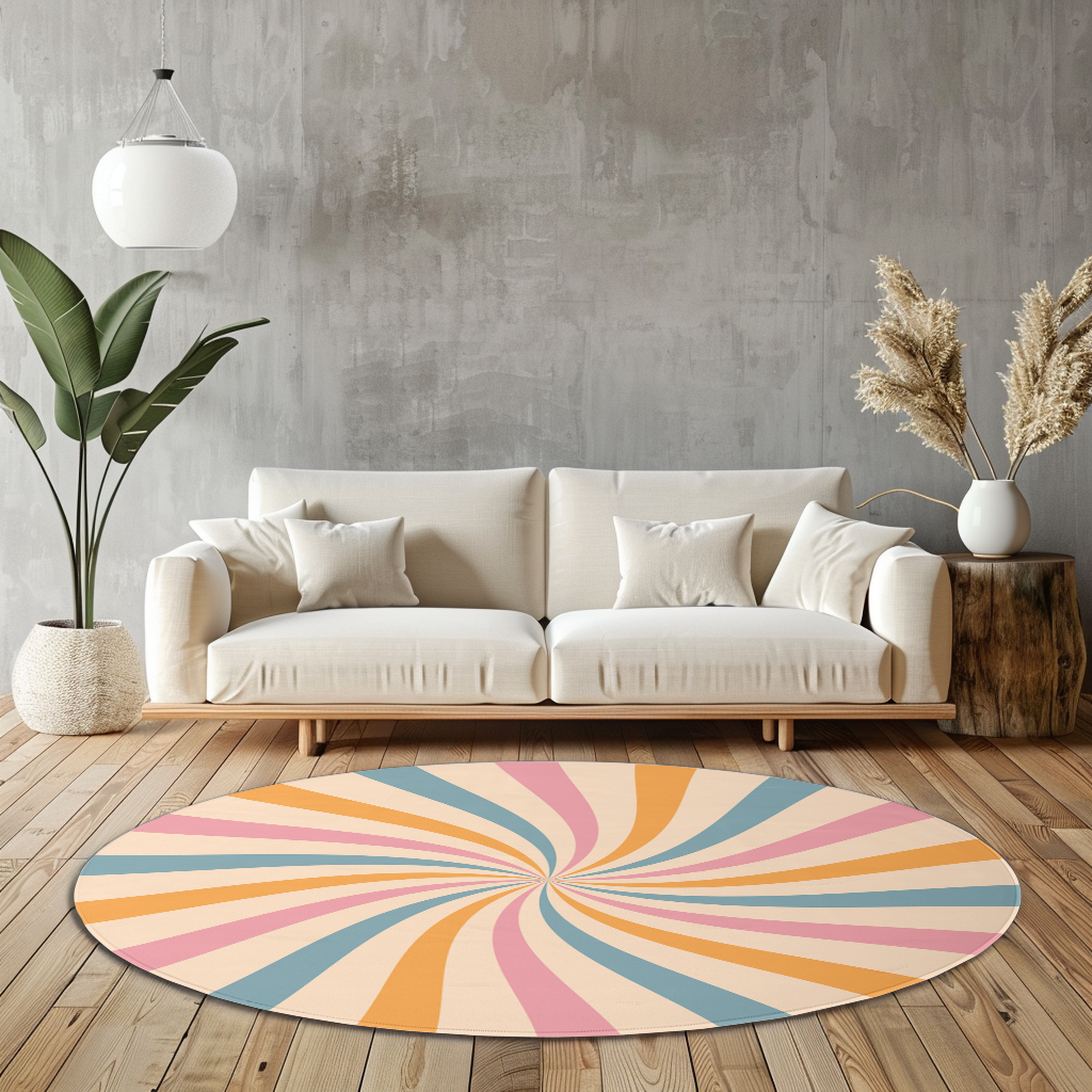 Round rug with pastel swirl design in blush pink, soft blue, golden yellow and ivory, styled in a clean, modern interior.