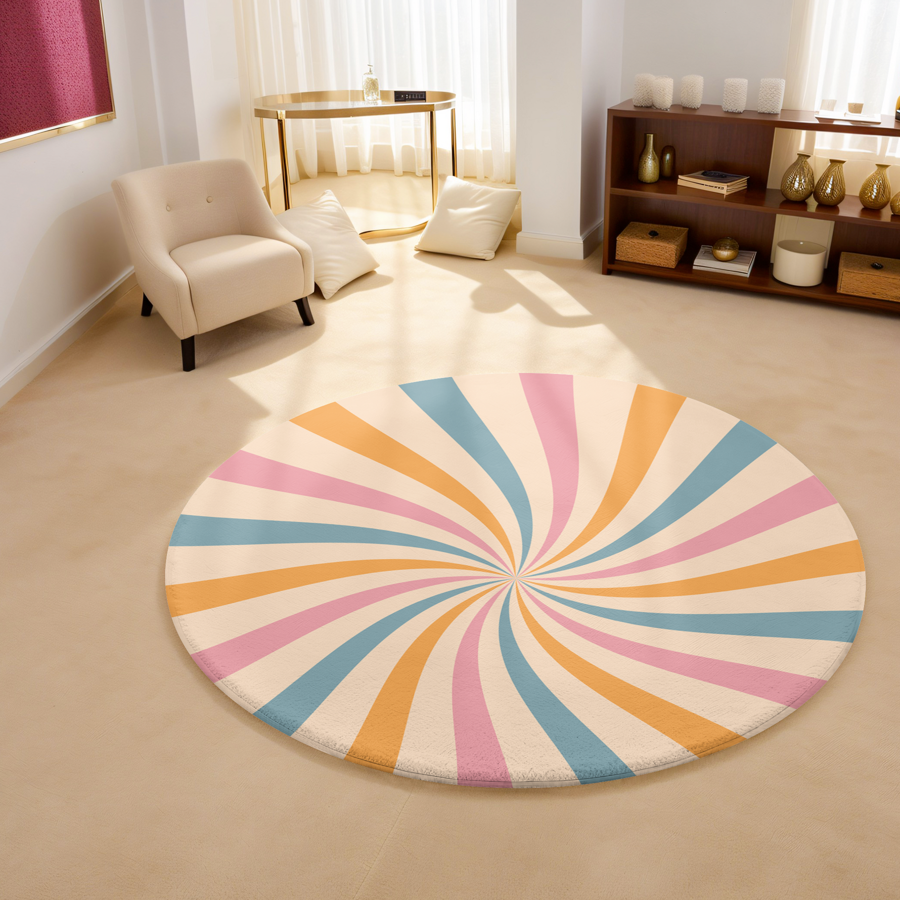 Round rug with pastel swirl design in blush pink, soft blue, golden yellow and ivory, styled in a clean, modern interior.