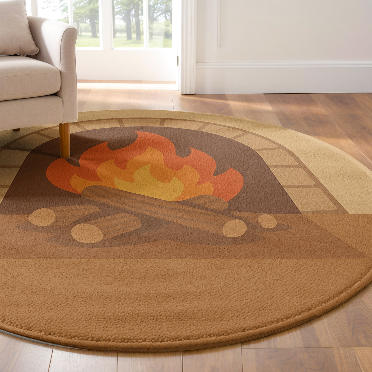 Round rug with an illustrated fireplace showing glowing flames and logs, set on a warm brown and beige background in a relaxed interior.