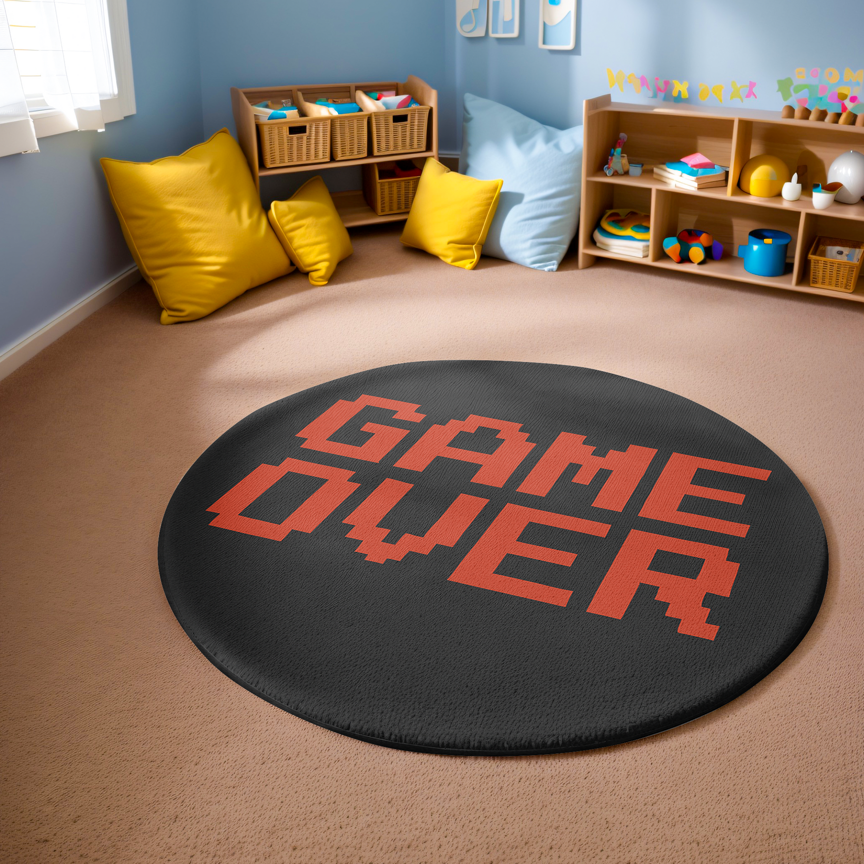 Round black rug with red pixel-style “GAME OVER” text, placed in a bright modern room with minimalist furnishings and warm neutral tones.
