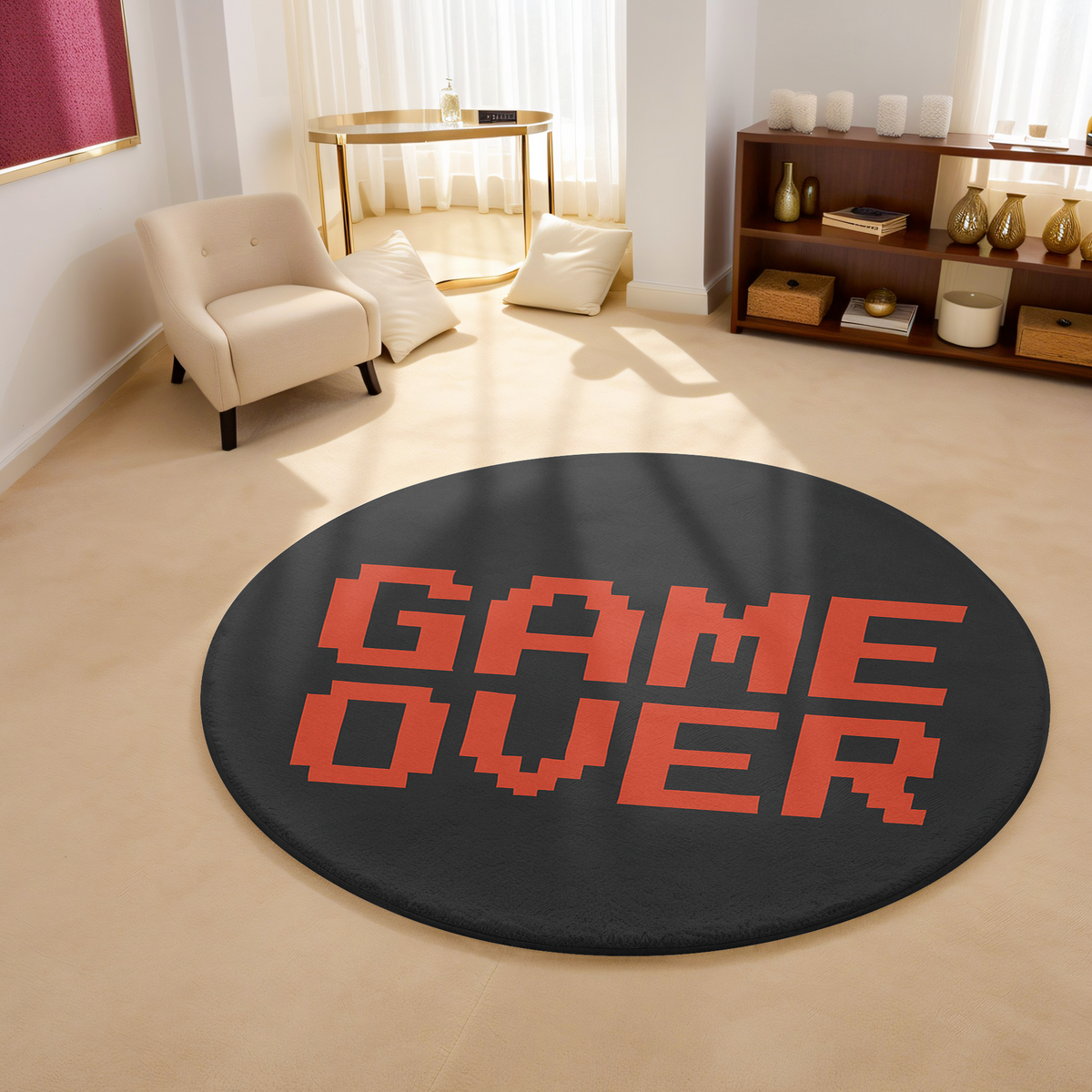 Round black rug with red pixel-style “GAME OVER” text, placed in a bright modern room with minimalist furnishings and warm neutral tones.