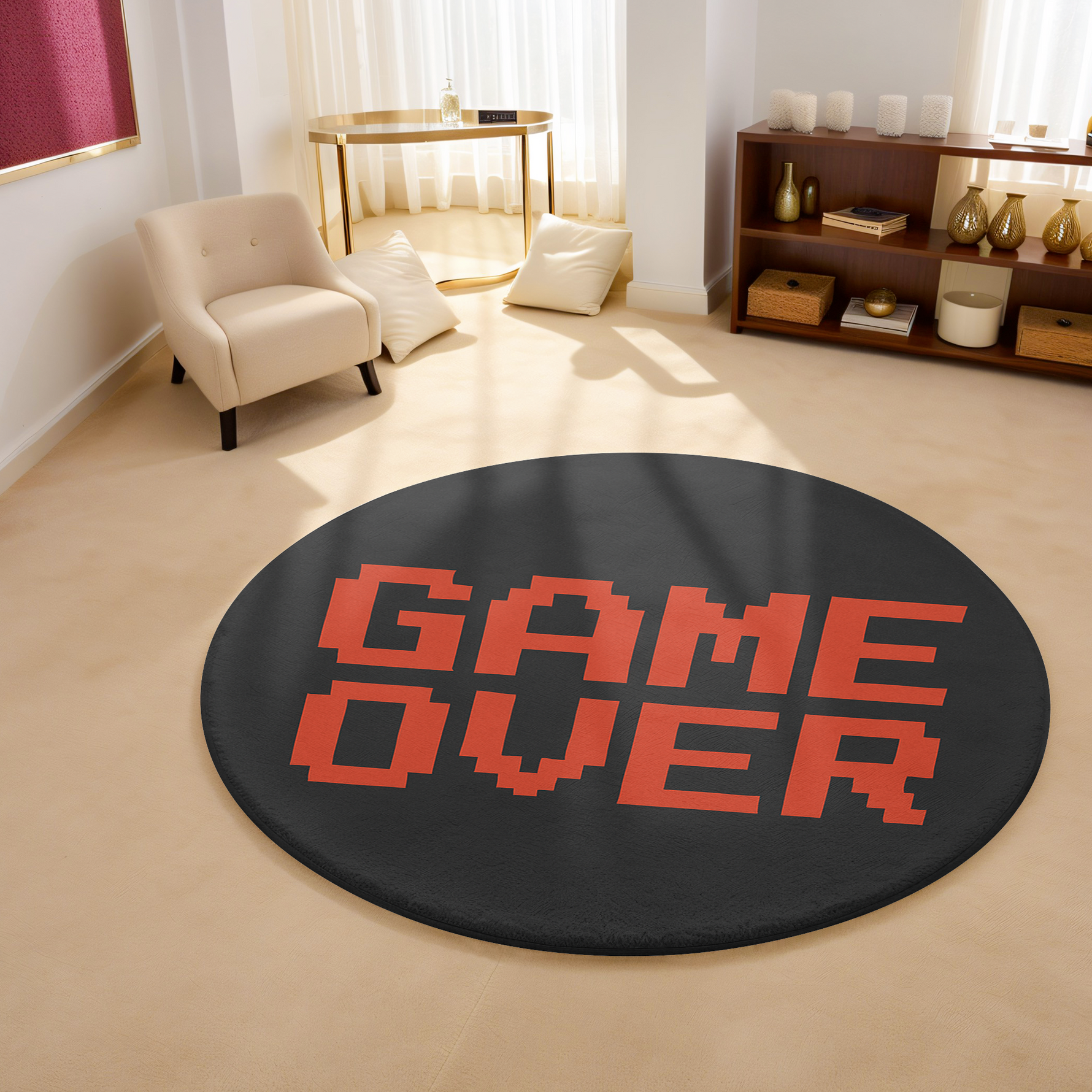 Round black rug with red pixel-style “GAME OVER” text, placed in a bright modern room with minimalist furnishings and warm neutral tones.