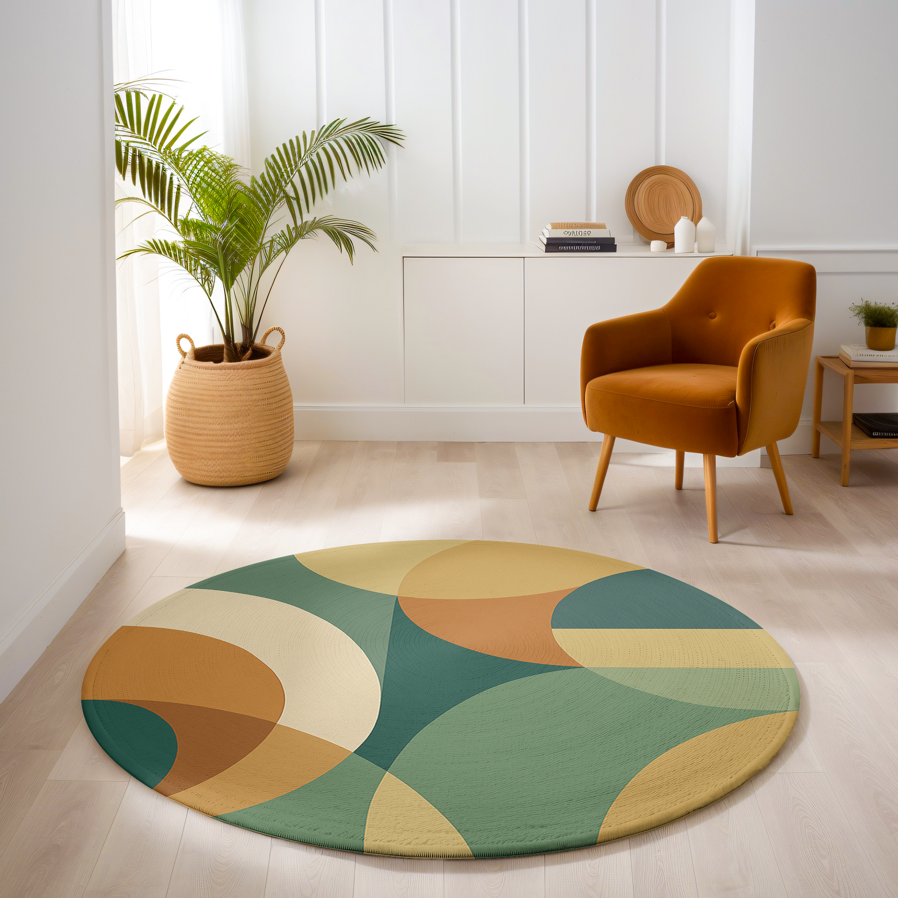 Round rug featuring curved geometric shapes in muted green, terracotta, ochre and cream, designed with a soft and balanced abstract composition.
