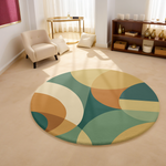 Round rug featuring curved geometric shapes in muted green, terracotta, ochre and cream, designed with a soft and balanced abstract composition.
