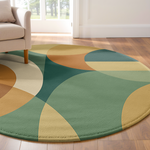Round rug featuring curved geometric shapes in muted green, terracotta, ochre and cream, designed with a soft and balanced abstract composition.