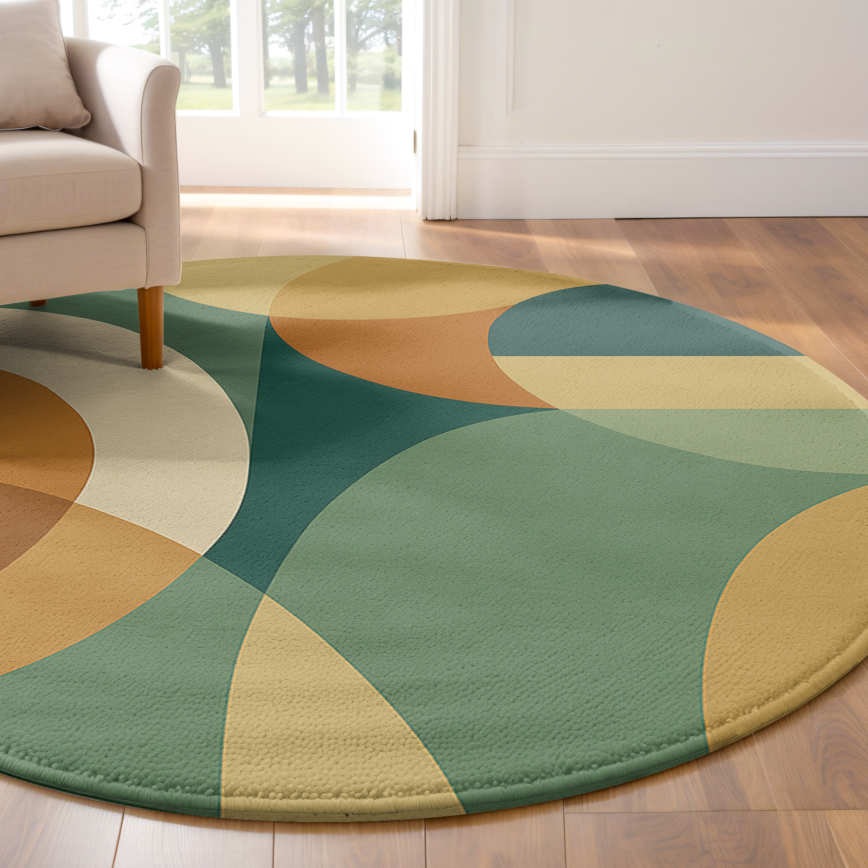 Round rug featuring curved geometric shapes in muted green, terracotta, ochre and cream, designed with a soft and balanced abstract composition.