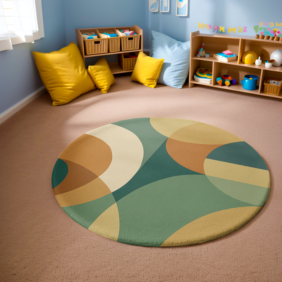 Round rug featuring curved geometric shapes in muted green, terracotta, ochre and cream, designed with a soft and balanced abstract composition.