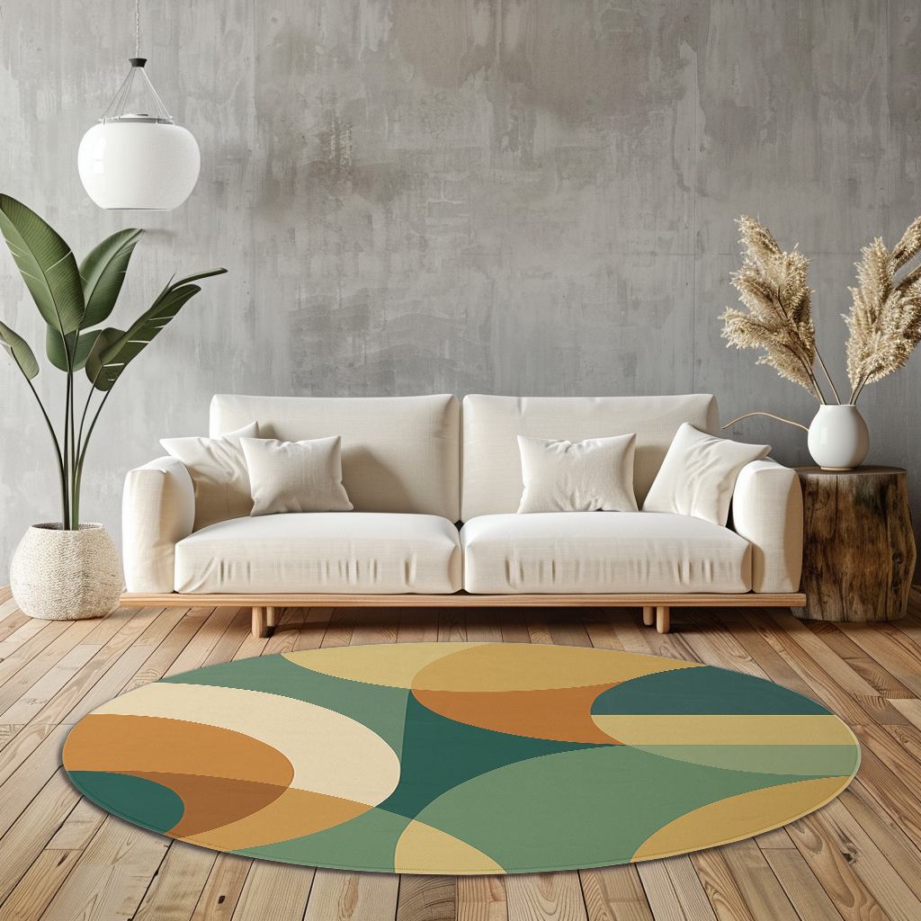 Round rug featuring curved geometric shapes in muted green, terracotta, ochre and cream, designed with a soft and balanced abstract composition.