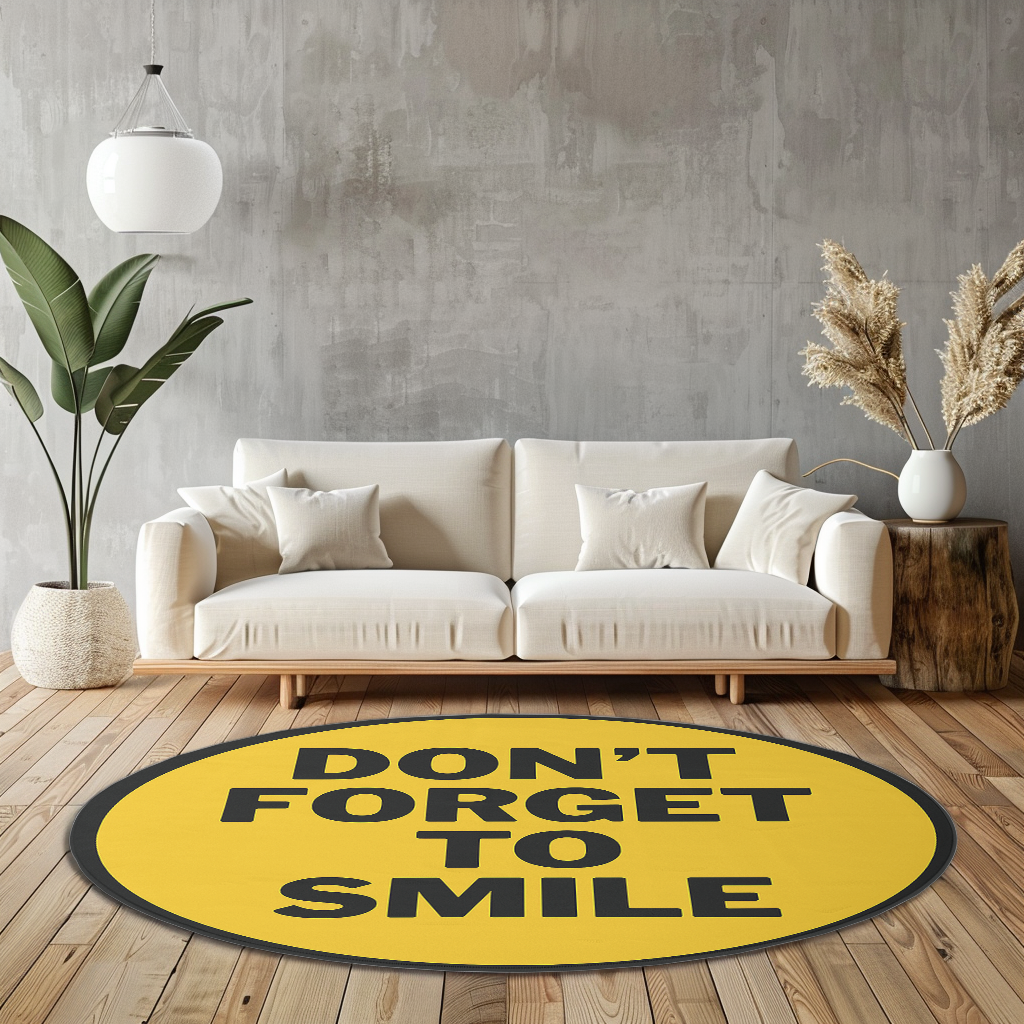 Round yellow rug with motivational quote ‘Don’t Forget to Smile’ in bold black letters, placed on a light wooden floor.