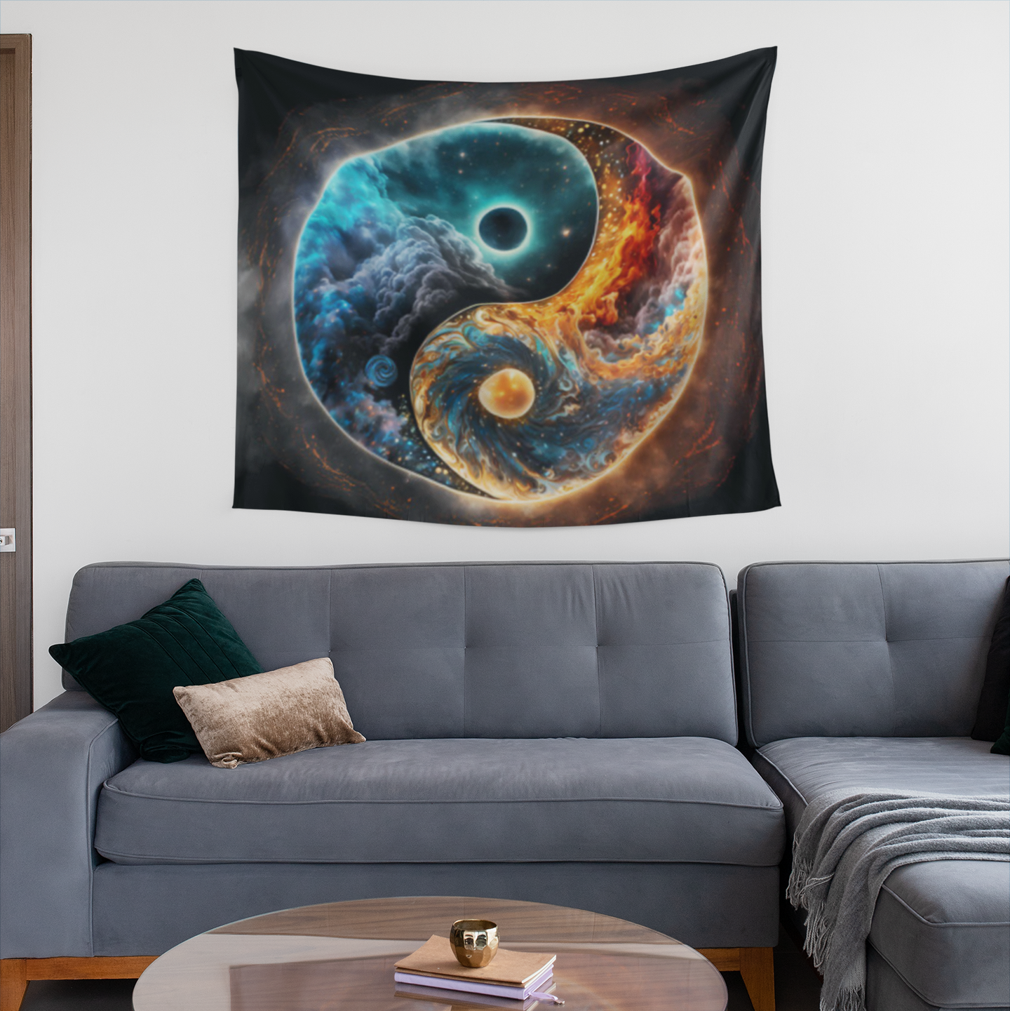 A yin-yang tapestry design with one half featuring a swirling galaxy of stars and space in blue tones, and the other half filled with fiery clouds and glowing orange textures, representing balance between cosmic and elemental forces.