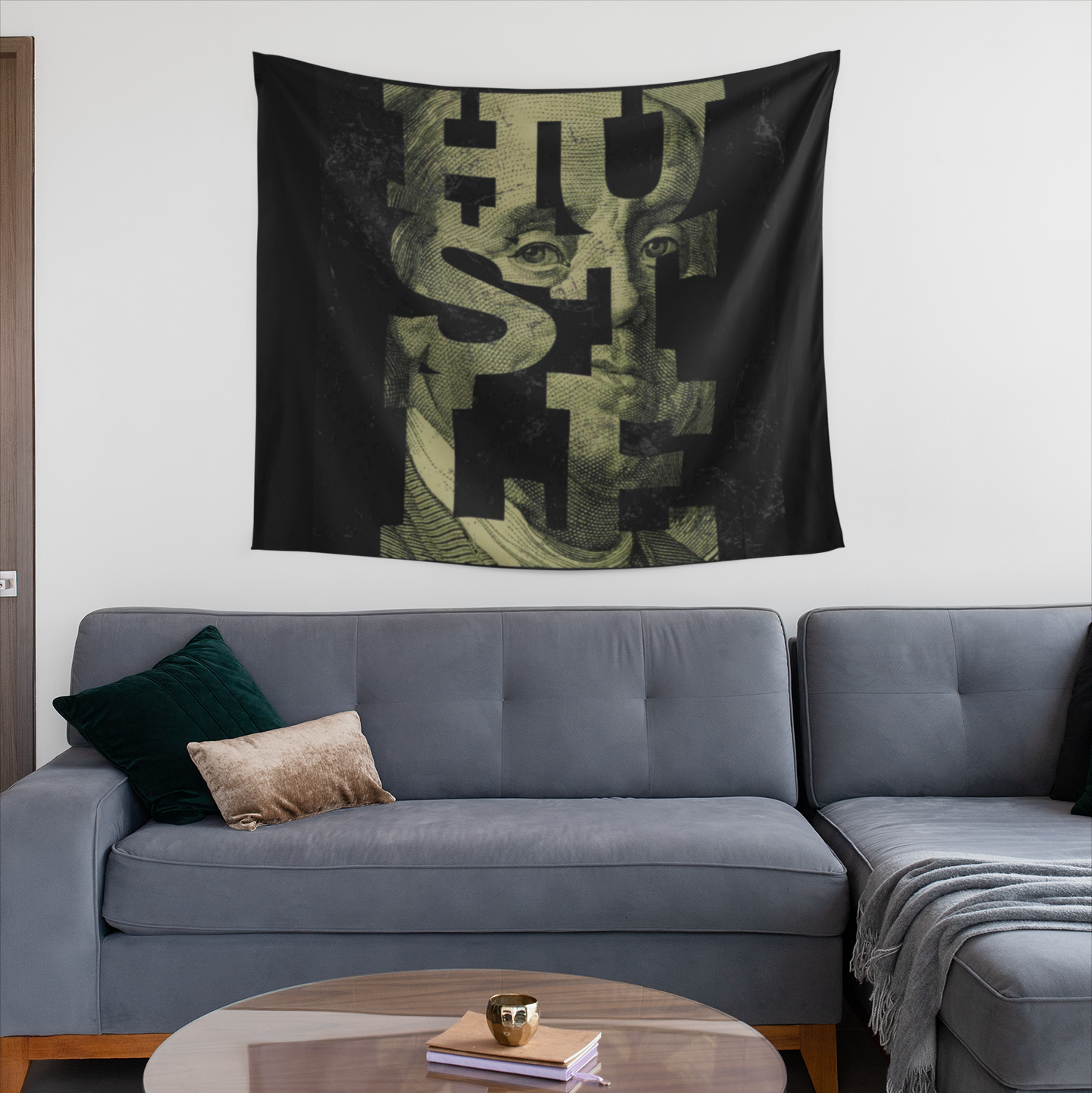 A tapestry design featuring the word “HUSTLE” in large block letters filled with a detailed engraving of Benjamin Franklin’s face, set against a dark, textured background.