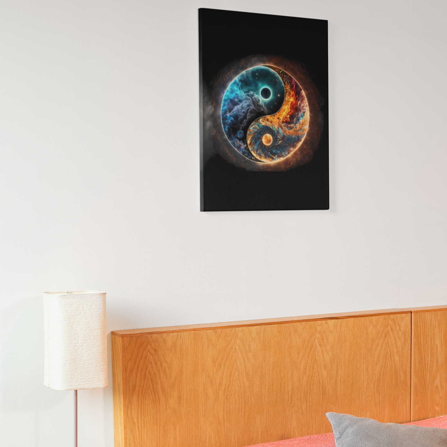 Yin-Yang Fire & Galaxy canvas poster featuring a split design with swirling galaxies on one side and fiery sun elements on the other, professionally stretched on a wooden frame.