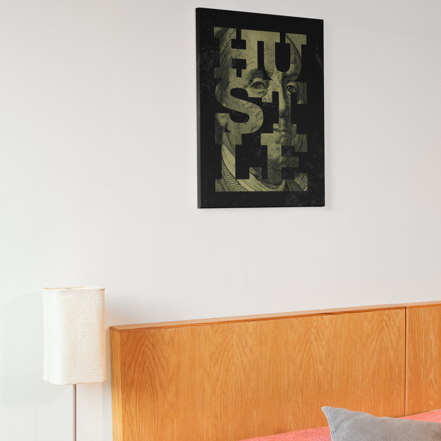 HUSTLE canvas poster featuring bold block lettering over a gritty grayscale portrait of Benjamin Franklin, stretched on a wooden frame, wall-mounted for modern motivational decor.