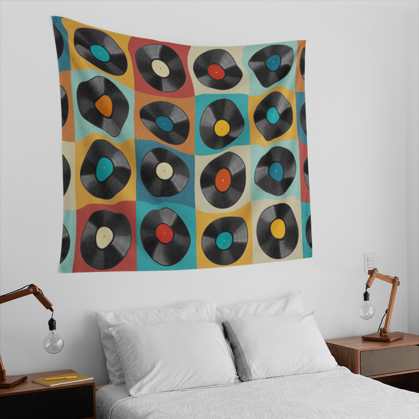 A tapestry design featuring a grid of vinyl records with various colored labels, set against a background of retro-style squares in red, blue, yellow, beige, and teal tones.