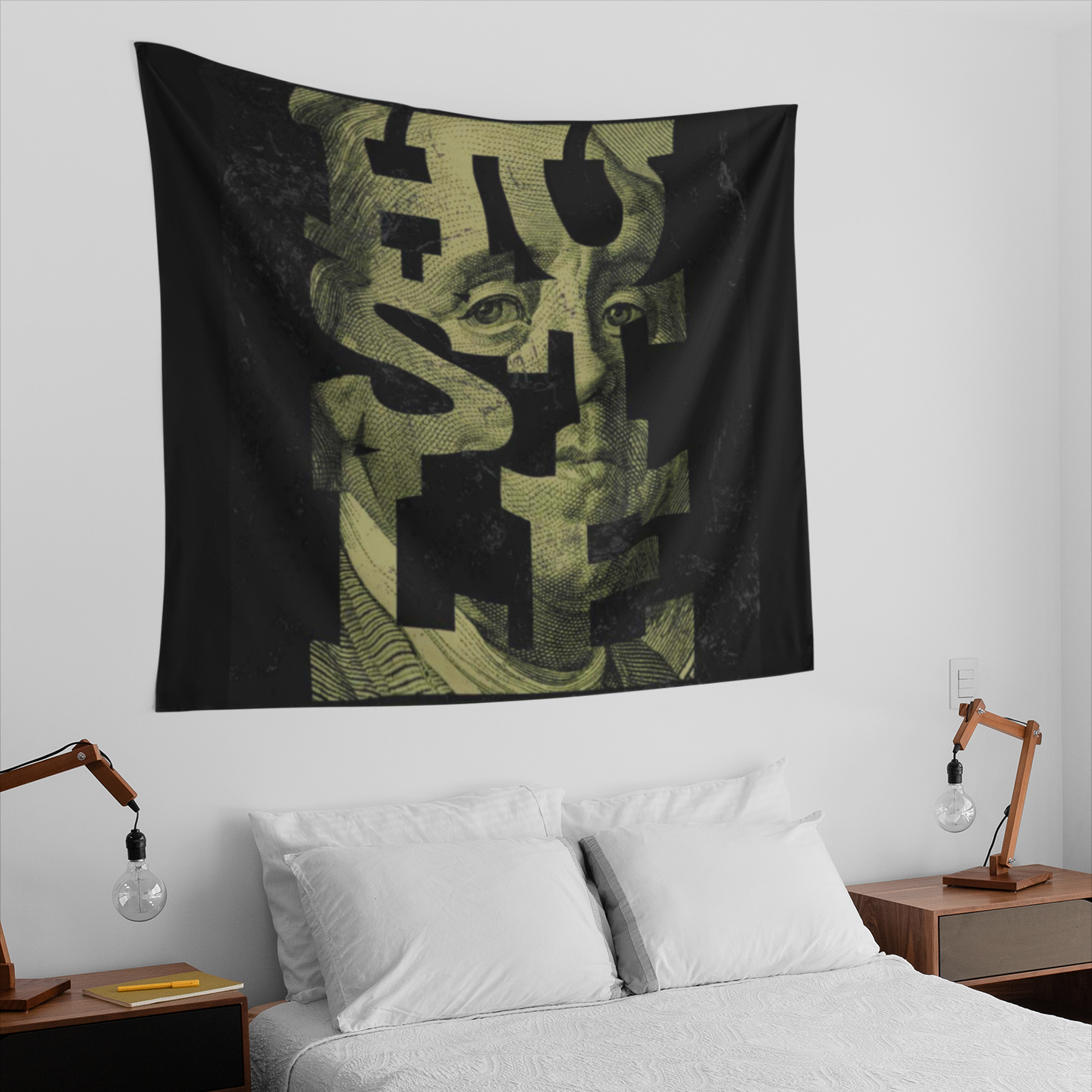 A tapestry design featuring the word “HUSTLE” in large block letters filled with a detailed engraving of Benjamin Franklin’s face, set against a dark, textured background.