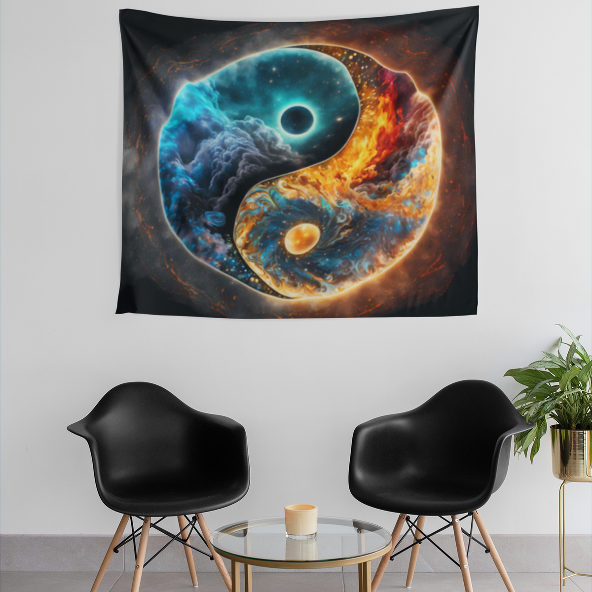 A yin-yang tapestry design with one half featuring a swirling galaxy of stars and space in blue tones, and the other half filled with fiery clouds and glowing orange textures, representing balance between cosmic and elemental forces.