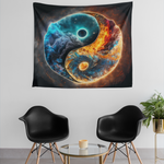 A yin-yang tapestry design with one half featuring a swirling galaxy of stars and space in blue tones, and the other half filled with fiery clouds and glowing orange textures, representing balance between cosmic and elemental forces.