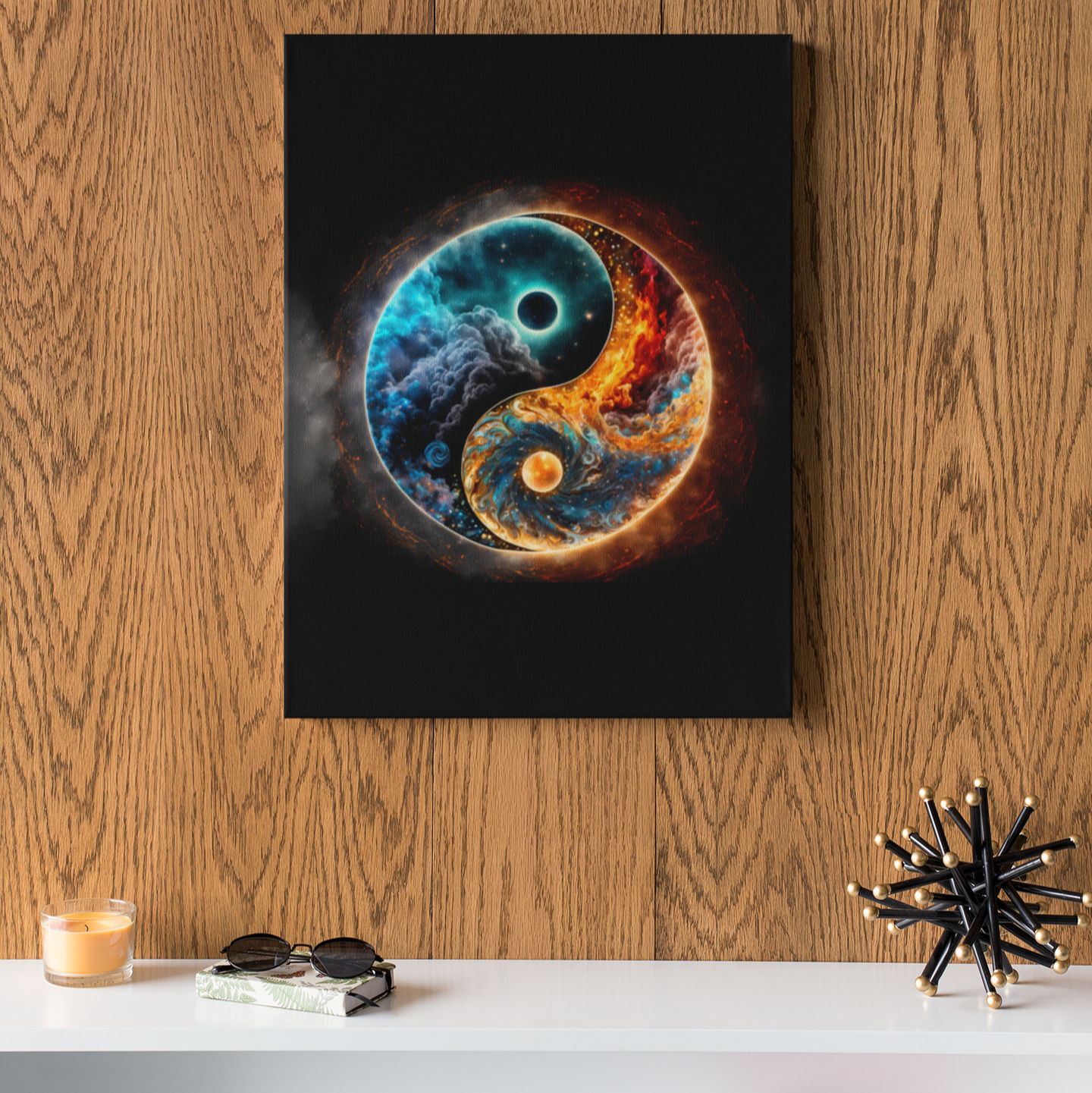 Yin-Yang Fire & Galaxy canvas poster featuring a split design with swirling galaxies on one side and fiery sun elements on the other, professionally stretched on a wooden frame.