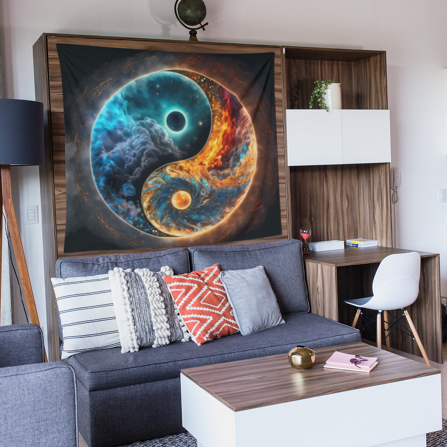 A yin-yang tapestry design with one half featuring a swirling galaxy of stars and space in blue tones, and the other half filled with fiery clouds and glowing orange textures, representing balance between cosmic and elemental forces.