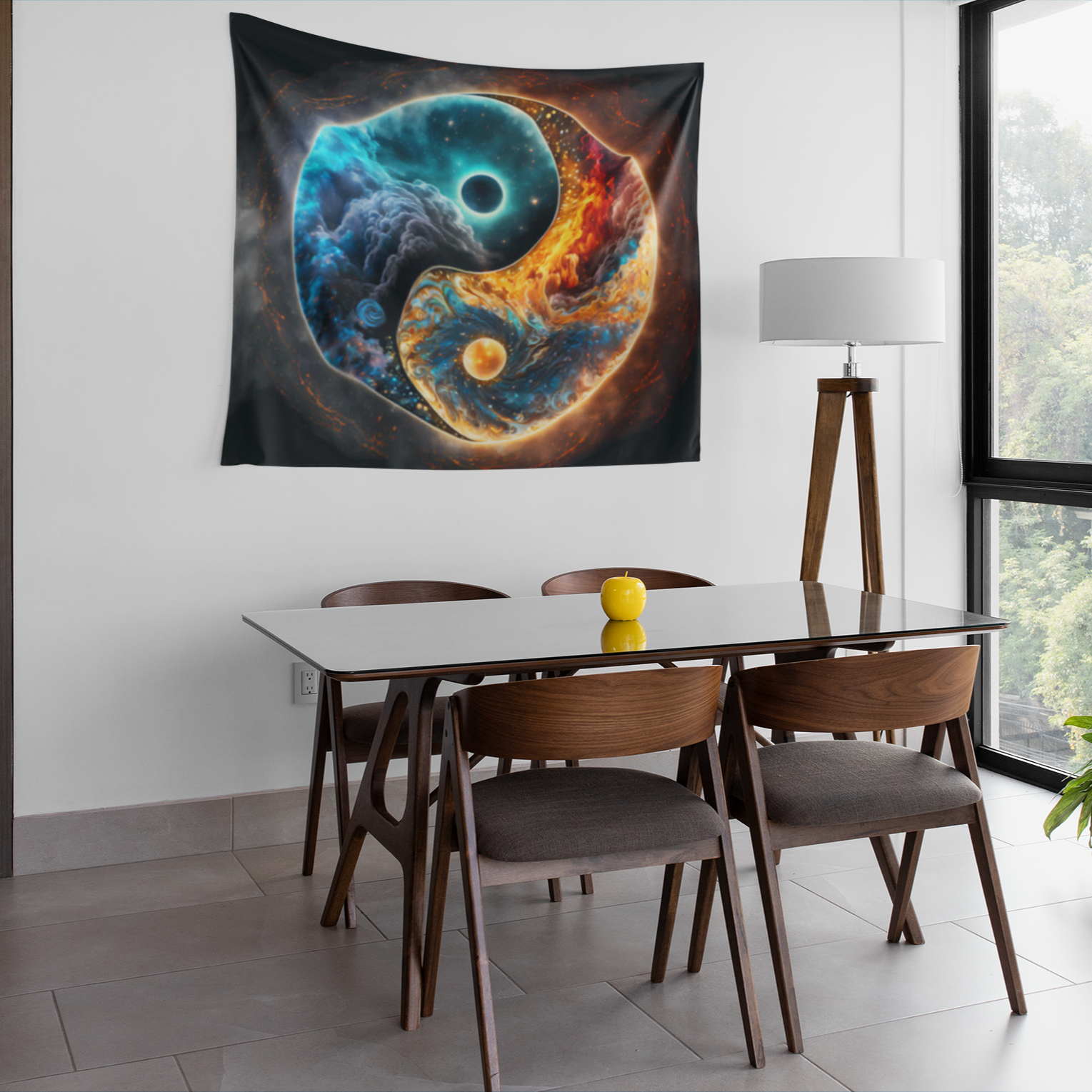 A yin-yang tapestry design with one half featuring a swirling galaxy of stars and space in blue tones, and the other half filled with fiery clouds and glowing orange textures, representing balance between cosmic and elemental forces.